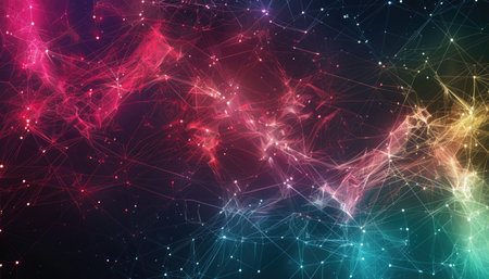 An abstract digital network with glowing lines and nodes connecting in a complex pattern.の素材