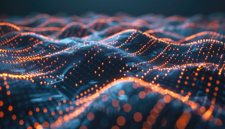 A digitally rendered abstract image of a blue wavy surface with glowing orange points, creating a dynamic and futuristic visual.の素材