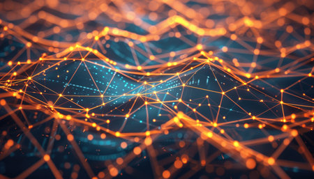 Abstract representation of a network, showing glowing orange lines connecting luminous nodes against a dark blue background.の素材