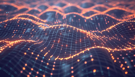 A stylized digital landscape with glowing orange points and a grid pattern.の素材