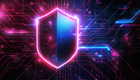 A futuristic digital shield icon with a glowing pink outline positioned over a dark background with blue and pink circuit board designs.の素材