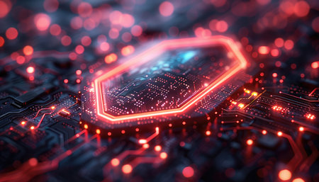 A close-up image of a circuit board with glowing red lines and a hexagon shape in the center.の素材