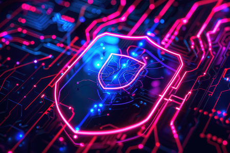 A stylized neon shield icon glowing on a circuit board background, representing digital security.の素材
