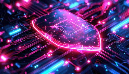 A glowing shield symbol on a circuit board, illuminated by neon pink and blue lights, representing digital protection.の素材