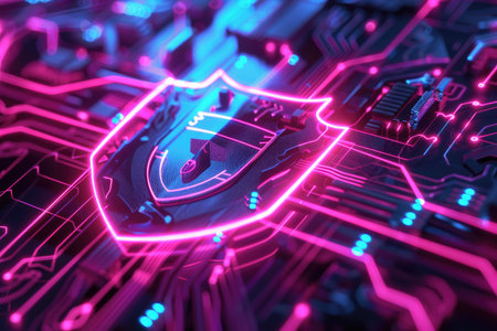 A glowing shield symbol on a circuit board with neon lights, representing cyber security and data protection.の素材