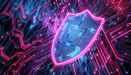 A glowing shield symbol within a circuit board, representing digital security.の素材
