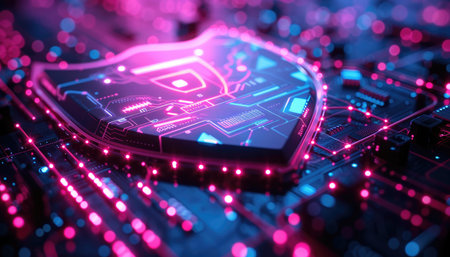 An abstract image representing a digital security shield with neon lights on a circuit board, suggesting cybersecurity and protection.の素材