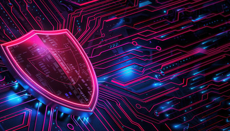 A neon pink shield resting on a glowing circuit board, representing digital protection and security.の素材
