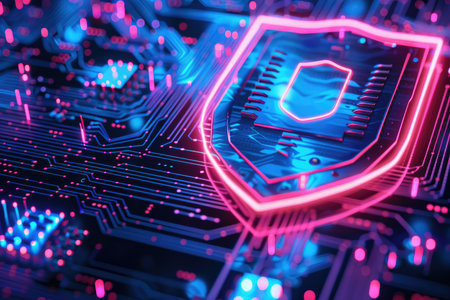 A digital representation of a shield protecting a glowing circuit board.の素材