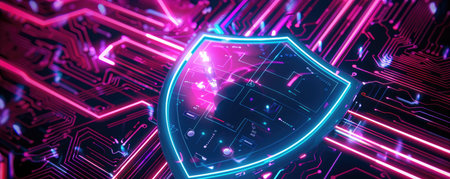 A stylized digital shield with glowing neon lines hovering over a circuit board.の素材