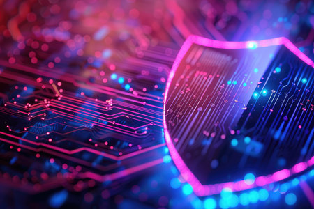 A digital illustration of a glowing pink shield over a blue and pink circuit board.の素材