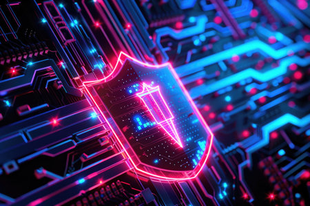 A neon pink shield on a futuristic circuit board, symbolizing digital protection.の素材