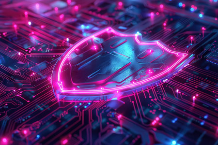 A 3D rendering of a glowing neon shield symbol on a futuristic circuit board.の素材