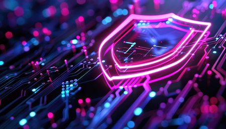 A glowing neon shield symbol on a circuit board with a dark background and pink and blue lights.の素材