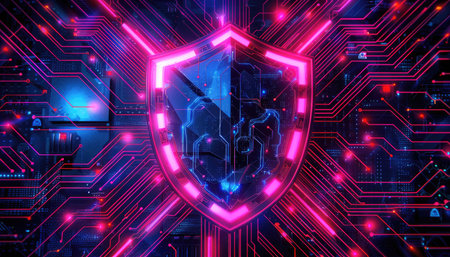 An abstract digital image with a glowing shield over a circuit board.の素材