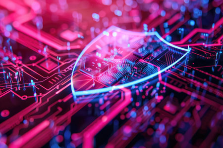 A close-up image of a circuit board with neon glow and a protective shield, symbolizing digital security and protection.の素材
