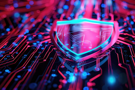 A glowing blue and red shield sits on a circuit board, representing cyber security.の素材