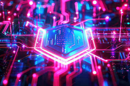 A 3D rendered abstract neon circuit board with a glowing hexagon in the center.の素材