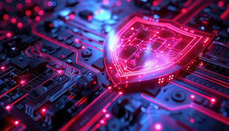 A digital security concept visualized as a glowing shield on a circuit board.の素材