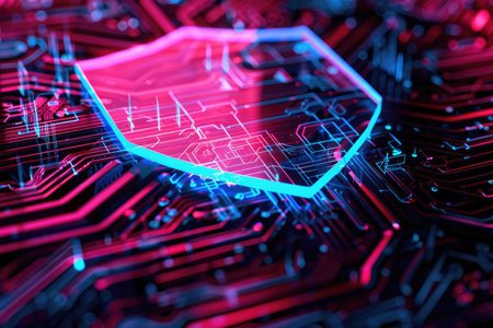 A 3D rendering of a glowing neon shield on a digital circuit board.の素材