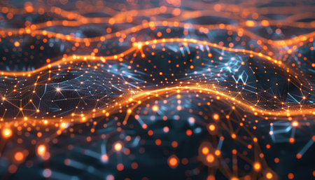 A stylized digital network with glowing nodes and lines, representing data connections and communication.の素材