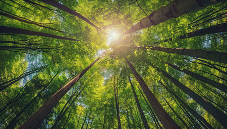A low-angle view of the sun shining through a dense forest canopy.の素材