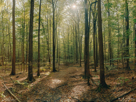 A sunbeam peeks through the dense canopy of a deciduous forest, illuminating the forest floor.の素材