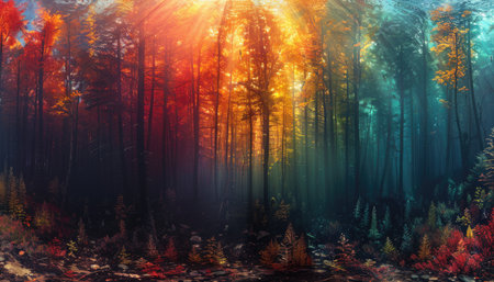 A vibrant and dreamy autumn forest bathed in golden sunlight, with colorful leaves and a mystical atmosphere.の素材