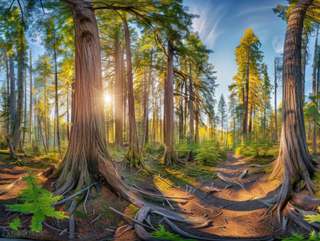 A panoramic view of a dense forest with tall trees, sunlight filtering through the canopy, and a path leading through the undergrowth.の素材