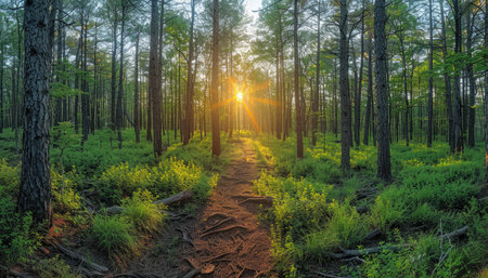 A sunlit path winding through a dense forest, showcasing vibrant green foliage and a bright glow illuminating the scene.の素材