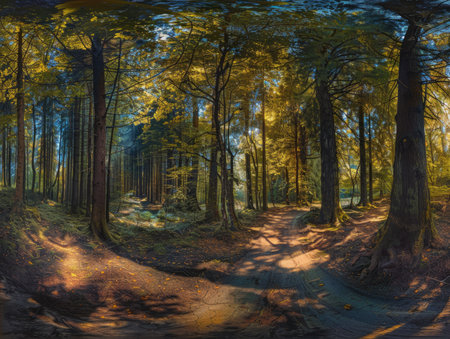 A path winding through an autumnal forest, bathed in warm sunlight.の素材