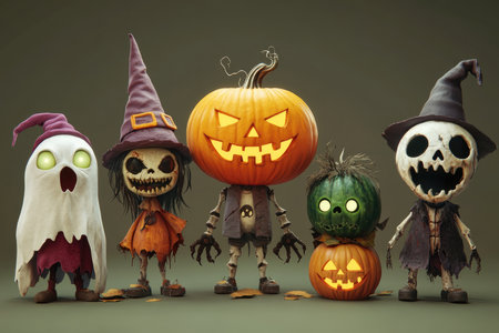 A cartoon ghost, witch, pumpkin, and skeleton stand together for Halloween.の素材