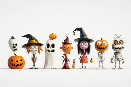 Seven cartoon Halloween characters with pumpkin heads,  wearing costumes, and standing in a line on a white background.の素材