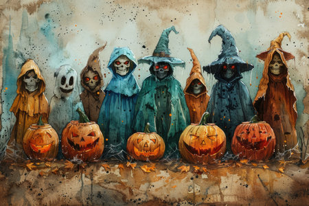 A watercolor painting featuring spooky Halloween characters, including ghosts, skeletons, and witches, standing in front of a row of glowing jack-o&#39;-lanterns.の素材
