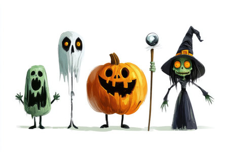 A group of four cartoon Halloween characters, including a witch, two ghosts, and a pumpkin, standing in a row against a white background.の素材