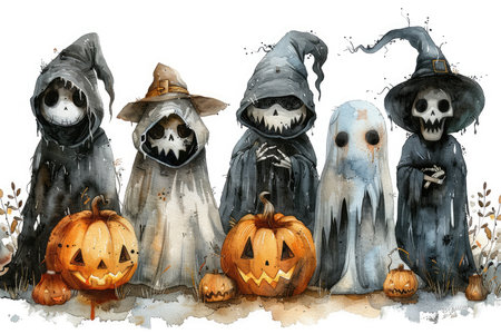 A watercolor illustration of a group of Halloween characters, including a ghost, witches, and skeletons, standing together with pumpkins.の素材