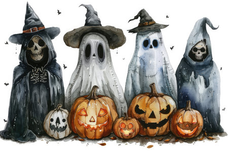 A watercolor illustration depicting a group of Halloween characters, including a ghost, a witch, a reaper, and a few jack-o&#39;-lantern pumpkins.の素材