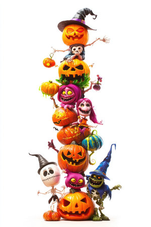 A whimsical stack of jack-o&#39;-lantern pumpkins featuring various Halloween characters like skeletons, monsters, and witches.の素材