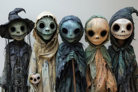 Five handmade dolls with stitched smiles and tattered clothing stand against a white background.の素材