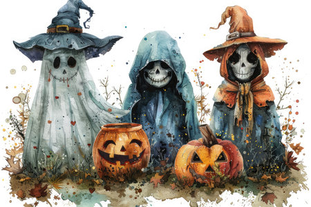 A watercolor illustration of three spooky Halloween characters, a ghost, a witch, and a skeleton, holding pumpkins with fall foliage around them.の素材