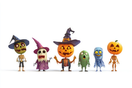 A group of five cartoon Halloween characters, including a witch, a skeleton, a zombie, and two jack-o&#39;-lanterns, standing in a row on a white background.の素材