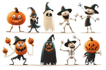 A cartoon illustration featuring various Halloween characters including pumpkins, skeletons, ghosts, and witches.の素材