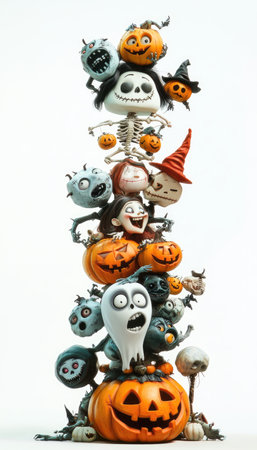A whimsical tower of Halloween characters and pumpkins, each with a unique and expressive design.の素材