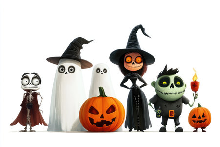 Five Halloween characters, including a ghost, witch, skeleton, and zombie, standing with jack-o-lanterns in front of a white background.の素材