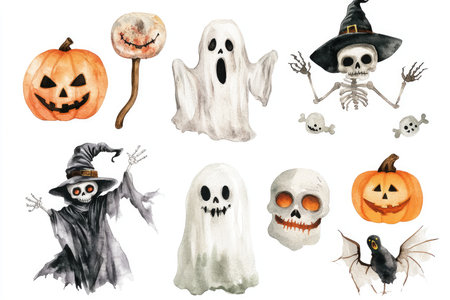 Watercolor illustration of various Halloween elements including pumpkins, ghosts, skeletons, and a bat.の素材