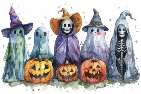 Watercolor painting depicting five ghosts holding pumpkins with a spooky, whimsical style.の素材