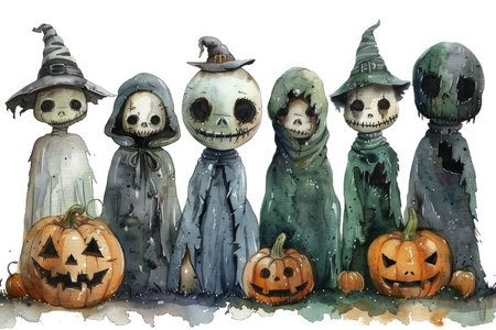Six Halloween characters, wearing cloaks and hats, stand with carved pumpkins in front of them.  The image is a watercolor painting.の素材