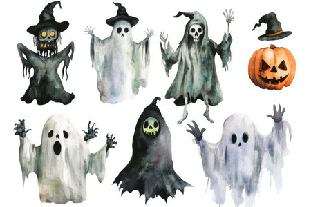 A collection of watercolor illustrations featuring spooky ghosts and a jack-o&#39;-lantern.の素材