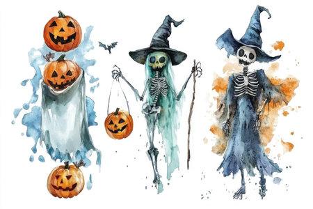 A watercolor illustration depicting two skeletons dressed as witches holding pumpkins and a bat flying above a ghost.の素材