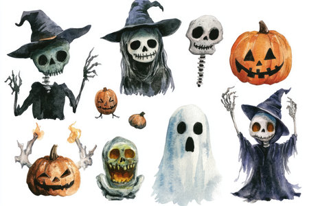 A watercolor painting depicting various Halloween characters and symbols, including a ghost, witches, skulls, skeletons, and pumpkins.の素材